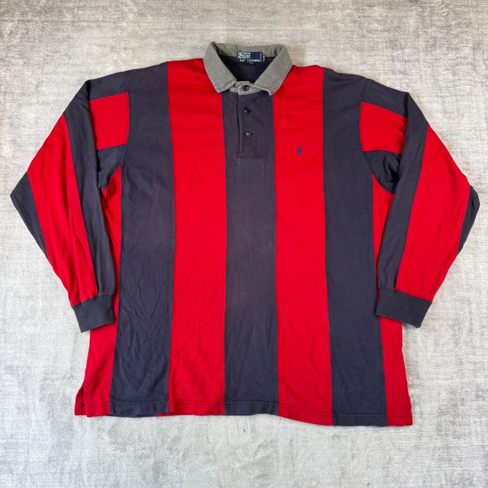 Polo Ralph Lauren Shirt Mens XL Red Vintage Rugby Vertical Stripe Long Sleeve